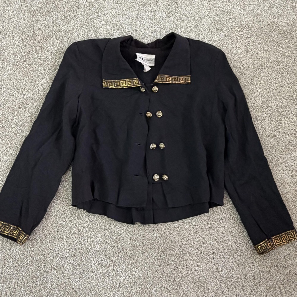 Vintage SL Fashions Blazer Jacket Womens 14P Black Gold Greek Key Trim
